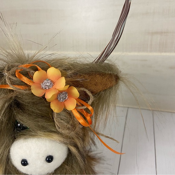 Highland Cow Coo Gnome Rust Brown Handmade Orange Flower Bow Farmhouse Decor - Picture 7 of 13